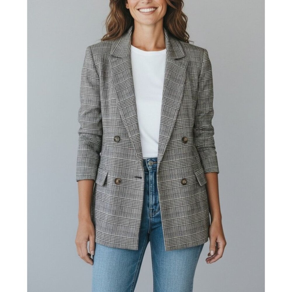 Plaid Double-Breasted Blazer With Pockets Womens Size M Forever 21